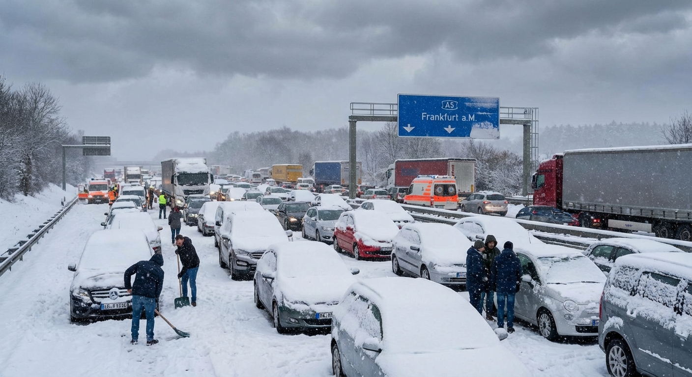 Hessen im Schneechaos: Autofahrer verbringen Nacht auf A5 – Verkehr komplett lahmgelegt