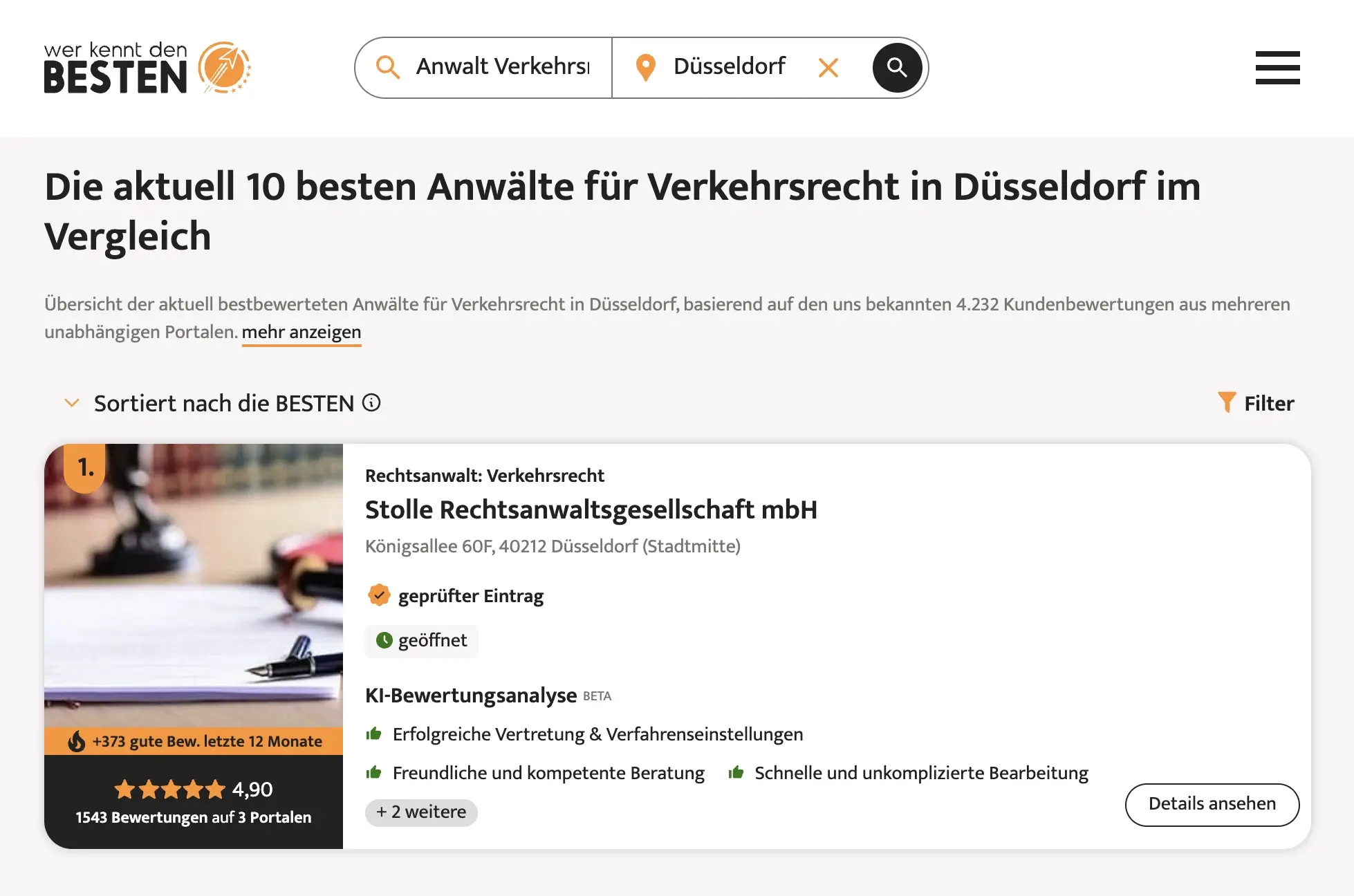 Stolle Rechtsanwaltsgesellschaft mbH – Nr. 1 Kanzlei für Verkehrsrecht in Düsseldorf bei wer kennt den Besten